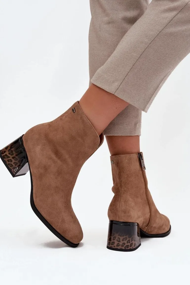 Botki Damskie Z Naturalnego Zamszu Na Obcasie Ocieplane Vinceza 66806 Camel