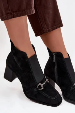 Botki Damskie Z Naturalnego Zamszu Na Słupku Artiker 57C0124 Czarne
