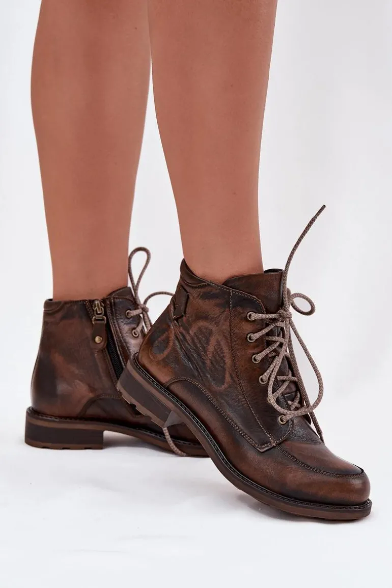 Botki Damskie Z Naturalnej Skóry Na Płaskim Obcasie Maciejka 07063-02 Brązowe