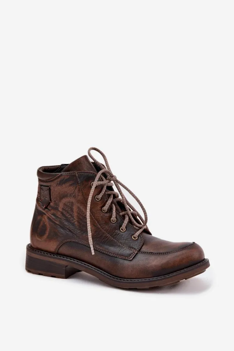 Botki Damskie Z Naturalnej Skóry Na Płaskim Obcasie Maciejka 07063-02 Brązowe