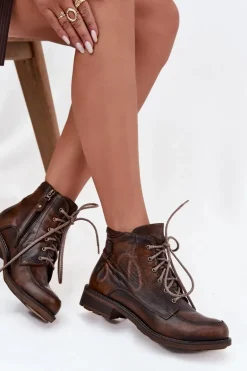 Botki Damskie Z Naturalnej Skóry Na Płaskim Obcasie Maciejka 07063-02 Brązowe