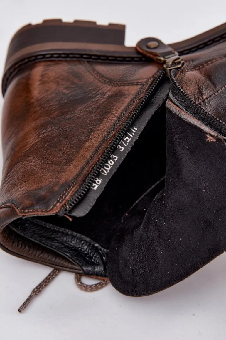 Botki Damskie Z Naturalnej Skóry Na Płaskim Obcasie Maciejka 07063-02 Brązowe