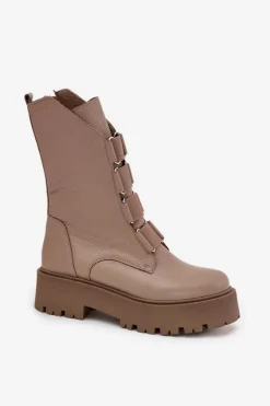 Botki Damskie Z Naturalnej Skóry Na Platformie Zazoo 3795 Beżowe