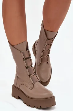 Botki Damskie Z Naturalnej Skóry Na Platformie Zazoo 3795 Beżowe