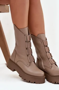 Botki Damskie Z Naturalnej Skóry Na Platformie Zazoo 3795 Beżowe