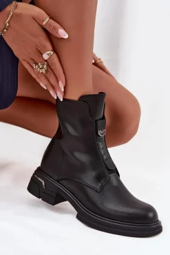 Botki Damskie Z Naturalnej Skóry Na Niskim Obcasie Czarne Karisse