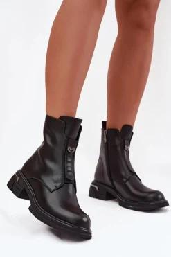 Botki Damskie Z Naturalnej Skóry Na Niskim Obcasie Czarne Karisse