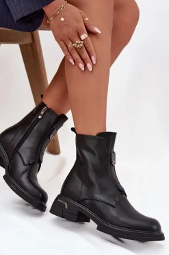 Botki Damskie Z Naturalnej Skóry Na Niskim Obcasie Czarne Karisse