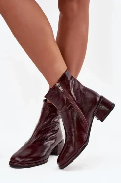 Botki Damskie Z Naturalnej Skóry Na Klocku Ocieplane D&A CR52-715 Bordowe