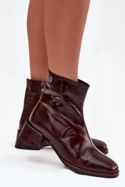 Botki Damskie Z Naturalnej Skóry Na Klocku Ocieplane D&A CR52-715 Bordowe