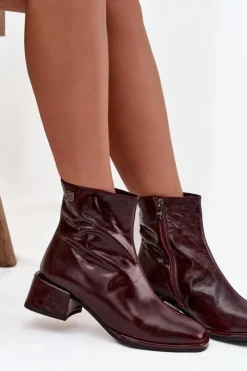 Botki Damskie Z Naturalnej Skóry Na Klocku Ocieplane D&A CR52-715 Bordowe