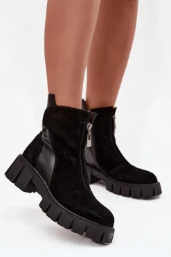 Botki Damskie Z Naturalnego Zamszu Ocieplane D&A JC52-874 Czarne