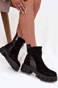 Botki Damskie Z Naturalnego Zamszu Ocieplane D&A JC52-874 Czarne