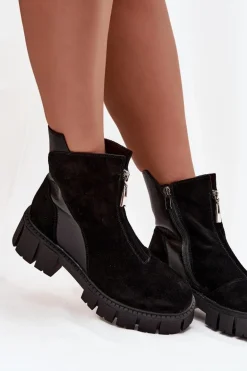 Botki Damskie Z Naturalnego Zamszu Ocieplane D&A JC52-874 Czarne