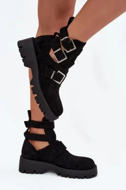 Botki Damskie Z Paskami I Srebrnymi Klamrami Czarne Helisse