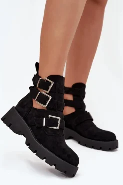 Botki Damskie Z Paskami I Srebrnymi Klamrami Czarne Helisse