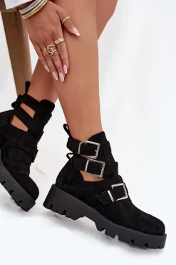 Botki Damskie Z Paskami I Srebrnymi Klamrami Czarne Helisse