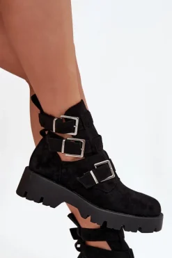 Botki Damskie Z Paskami I Srebrnymi Klamrami Czarne Helisse