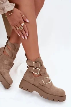 Botki Damskie Z Paskami I Złotymi Klamrami Beżowe Helisse