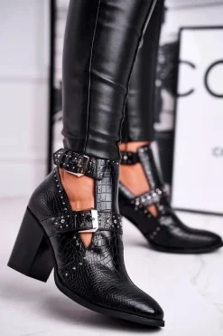 Botki Damskie Z Wycięciami Croco Czarne Aria