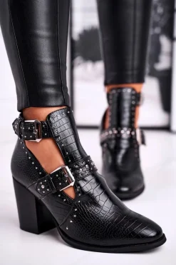Botki Damskie Z Wycięciami Croco Czarne Aria