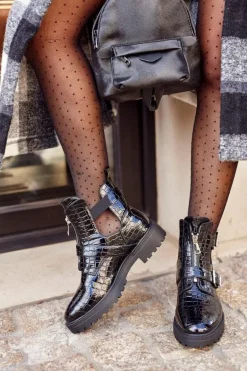 Botki Damskie Z Wycięciami Lakierowane Czarne Dorothy