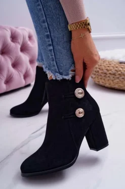 Botki Damskie Zamszowe na Słupku Czarne Barski 73-2