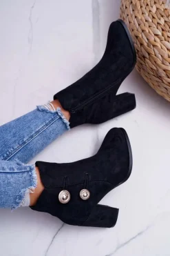 Botki Damskie Zamszowe na Słupku Czarne Barski 73-2