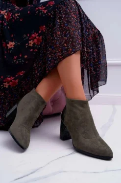 Botki Damskie Zamszowe Na Słupku Khaki Ferrous