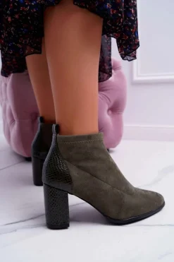 Botki Damskie Zamszowe Na Słupku Khaki Ferrous