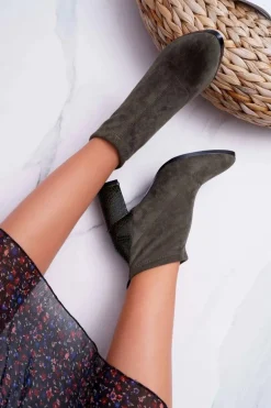 Botki Damskie Zamszowe Na Słupku Khaki Ferrous