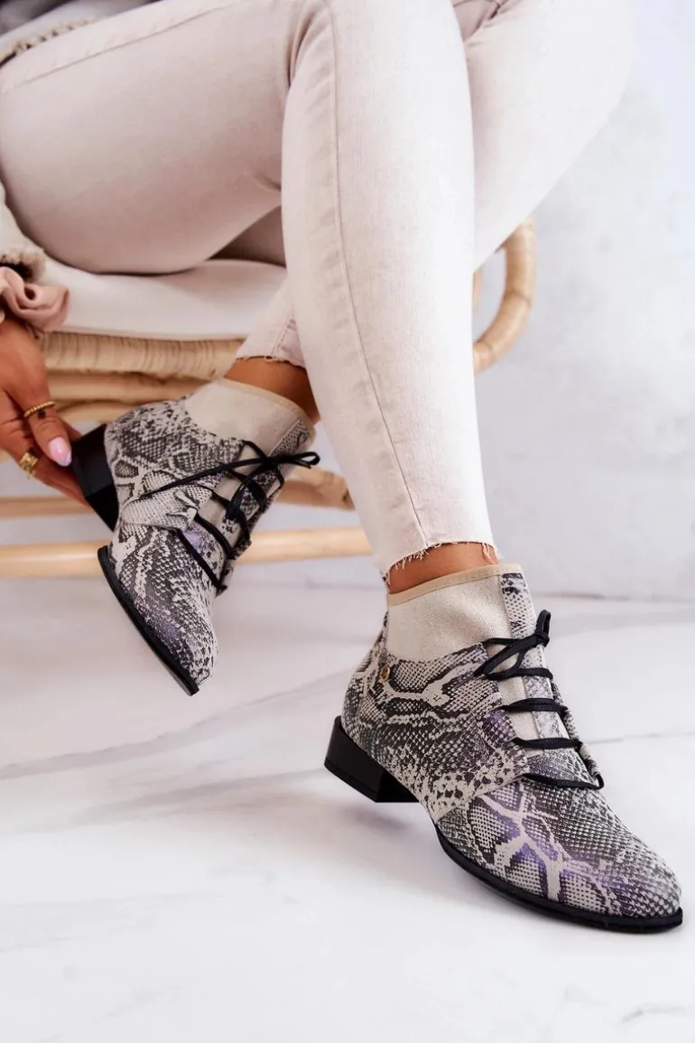 Botki Damskie Zamszowe Trzewiki Wężowe Maciejka 04744-03 Beżowe