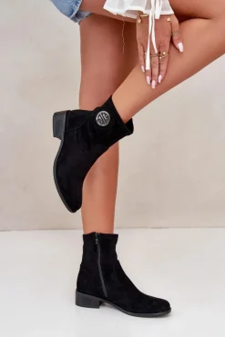 Botki Damskie Zapinane Na Zamek Z Ozdobnym Detalem Eko Zamszowe Czarne Lerioria