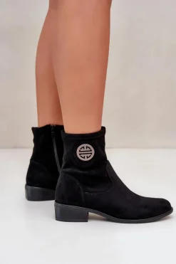 Botki Damskie Zapinane Na Zamek Z Ozdobnym Detalem Eko Zamszowe Czarne Lerioria