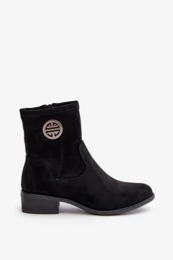 Botki Damskie Zapinane Na Zamek Z Ozdobnym Detalem Eko Zamszowe Czarne Lerioria