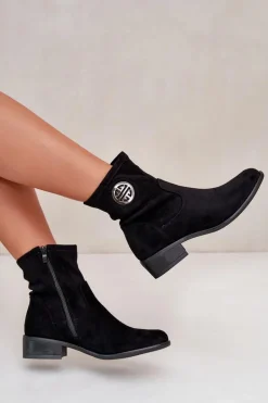 Botki Damskie Zapinane Na Zamek Z Ozdobnym Detalem Eko Zamszowe Czarne Lerioria