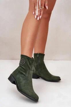 Botki Damskie Zapinane Na Zamek Z Ozdobnym Detalem Eko Zamszowe Zielone Lerioria