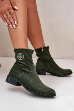 Botki Damskie Zapinane Na Zamek Z Ozdobnym Detalem Eko Zamszowe Zielone Lerioria