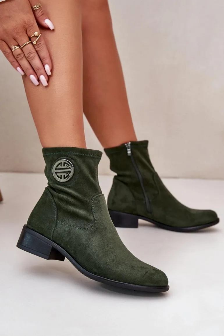 Botki Damskie Zapinane Na Zamek Z Ozdobnym Detalem Eko Zamszowe Zielone Lerioria