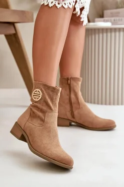 Botki Damskie Zapinane Na Zamek Z Ozdobnym Detalem Eko Zamszowe Beżowe Lerioria