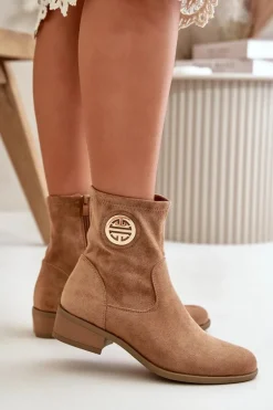 Botki Damskie Zapinane Na Zamek Z Ozdobnym Detalem Eko Zamszowe Beżowe Lerioria