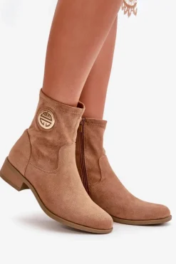 Botki Damskie Zapinane Na Zamek Z Ozdobnym Detalem Eko Zamszowe Beżowe Lerioria