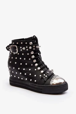 Botki Damskie Zdobione Dżetami Na Koturnie Lu Boo Czarne
