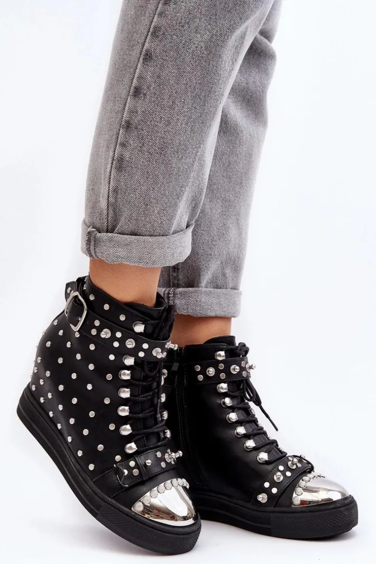 Botki Damskie Zdobione Dżetami Na Koturnie Lu Boo Czarne