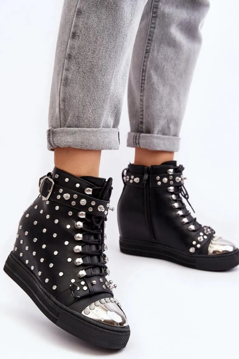 Botki Damskie Zdobione Dżetami Na Koturnie Lu Boo Czarne