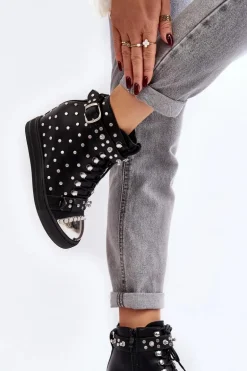 Botki Damskie Zdobione Dżetami Na Koturnie Lu Boo Czarne