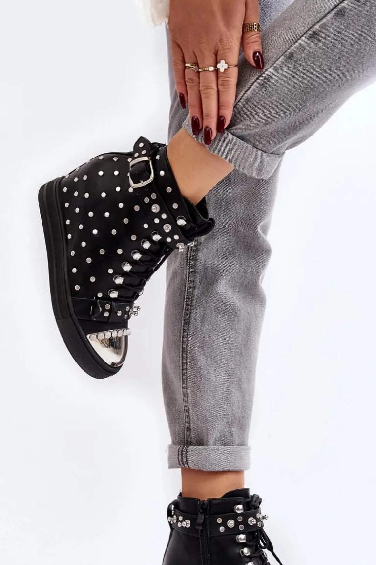 Botki Damskie Zdobione Dżetami Na Koturnie Lu Boo Czarne