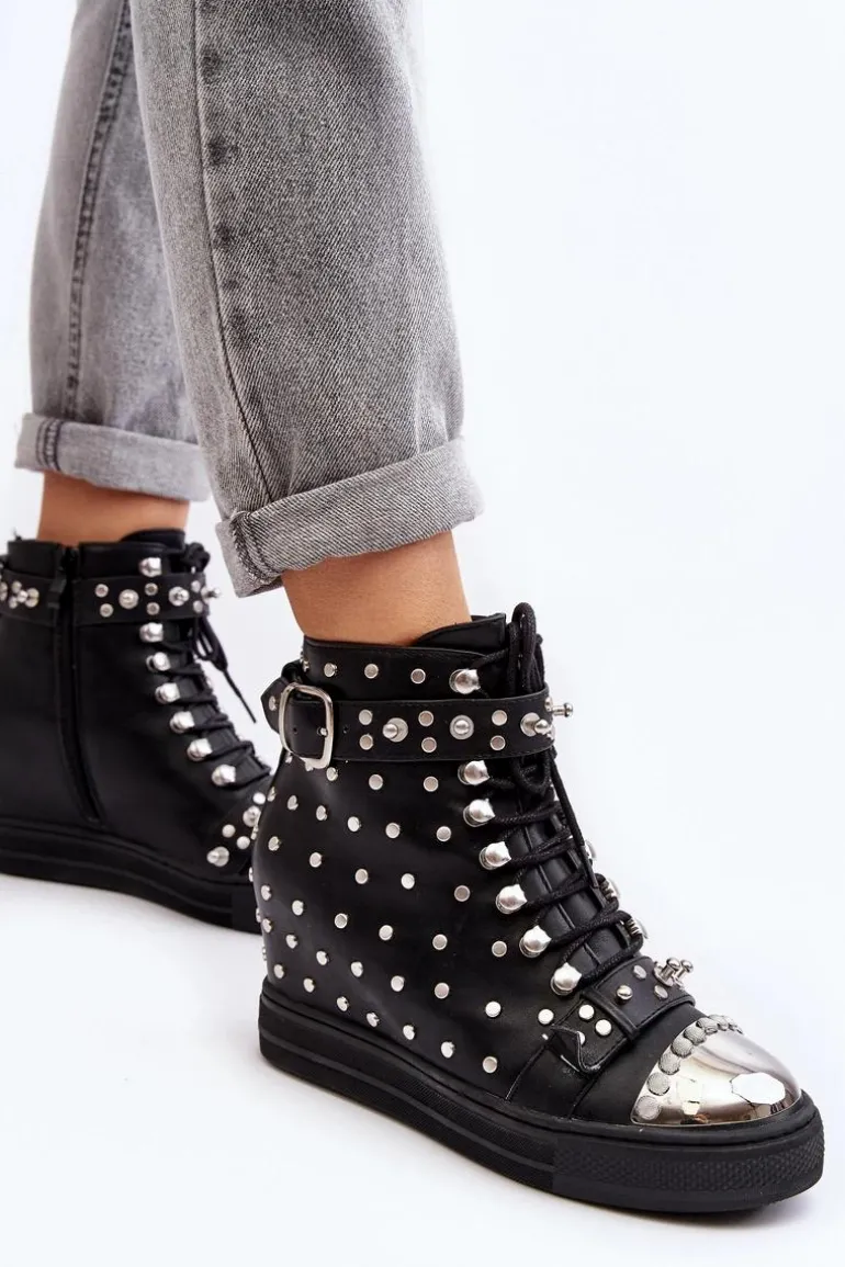 Botki Damskie Zdobione Dżetami Na Koturnie Lu Boo Czarne