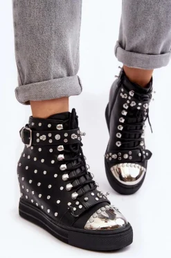 Botki Damskie Zdobione Dżetami Na Koturnie Lu Boo Czarne