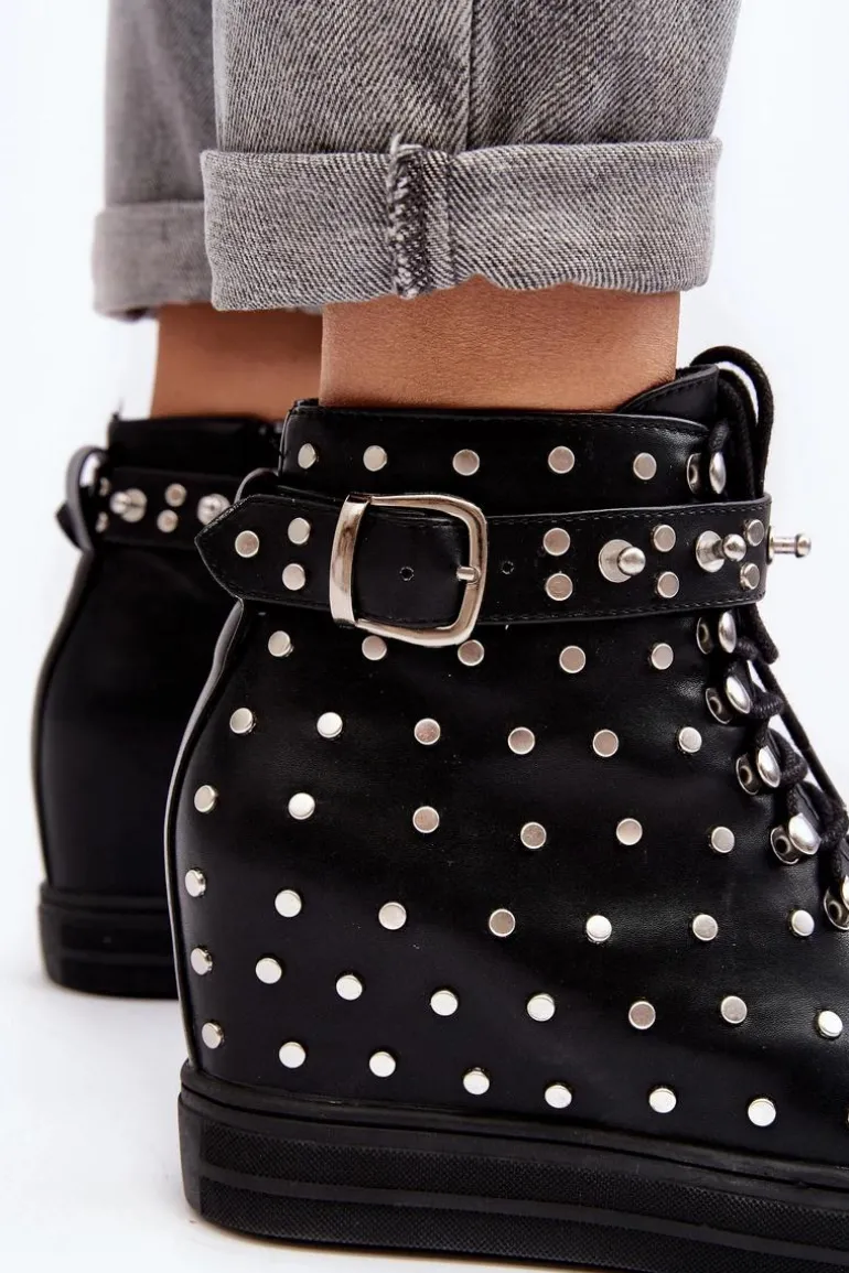 Botki Damskie Zdobione Dżetami Na Koturnie Lu Boo Czarne